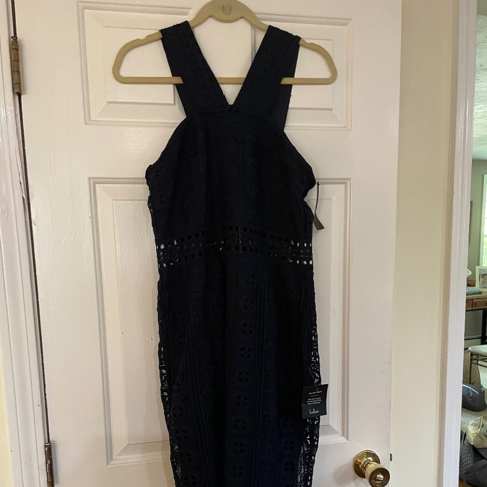 NWT Lulus Navy Blue Lace Midi Dress – Size L – Orig. $88